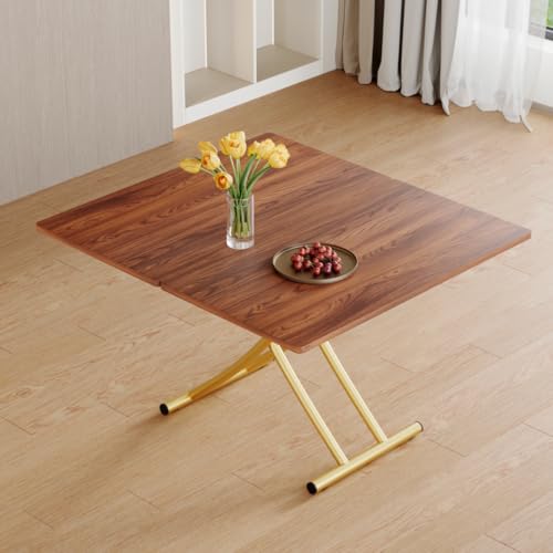 4 in 1 Adjustable Folding Dining Table for 4, Foldable Table for Small Spaces, Coffee Table that Lifts Up to Eat, Scratch-Resistant Wood Grain Top with Metal Frame for Kitchen Living Room - color: Walnut-gold