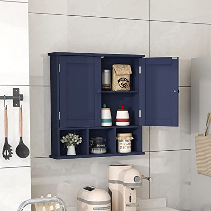 TaoHFE Blue Bathroom Over The Toilet Storage Cabinet | Wall Medicine Cabinet Organizer With 2 Door Adjustable Shelves,Wooden Modern Bathroom Shelves Wall Mounted Laundry Room - color: Blue
