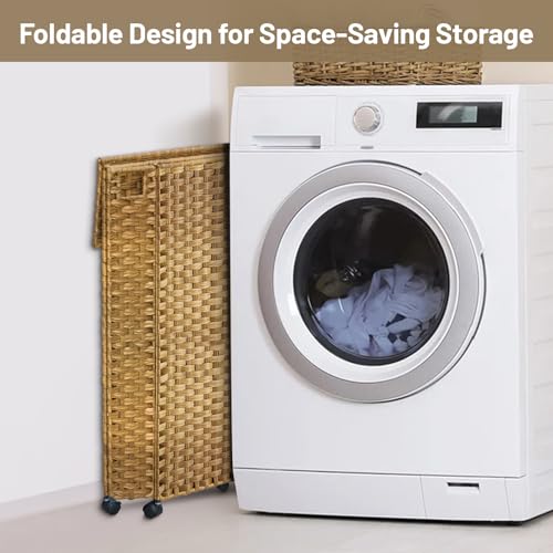 70L Slim Laundry Hamper with Lid & Wheels, 2-Park Rolling Laundry Basket with 4 Removable Liner Bags & 3 Mesh Bags, Narrow Dirty Clothes Basket, Foldable Handwoven Rattan Laundry Sorter, Natural - color: Natural