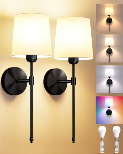 Battery Operated Wall Sconces Set of 2, Wireless Rechargeable Dimmable Wall Light with 5600mAh RGB Bulb and Remote for Bedroom, Living Room, Hallway, Black, 24in - color: Black, size: 24 Inch Set of 2