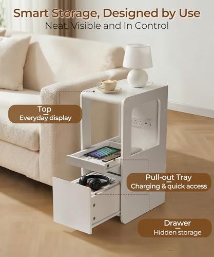 White Narrow Side Table, Slim End Table with Charging Station | Skinny nightstand with Drawers for couch, Wood, Modern, Sofa Bedside Table Tray for Living Room Bedroom Small Spaces, 8.9"W