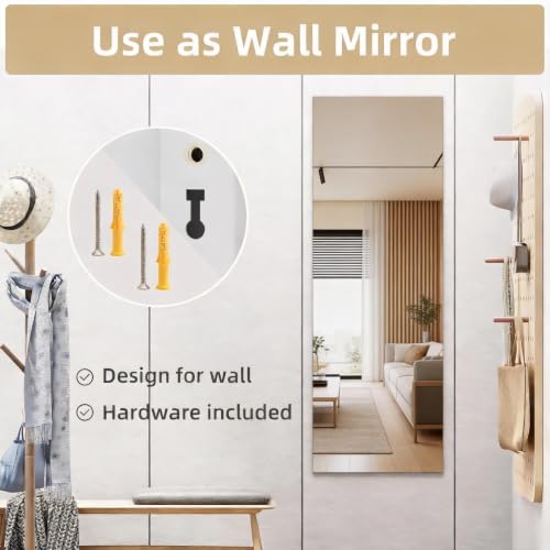 Full Length Mirror 47"x16", Door Mirror Over the Door Hanging or Wall Mounted, Full Body Shatterproof Mirrors with Aluminum Alloy Frame, for Bedroom, Living Room, Cloakroom, White