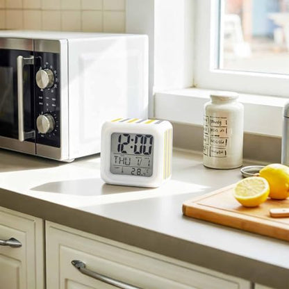 Digital Alarm Clocks for Bedroom,Minimalist Yellow Grey White Striped Cube Alarm Clock with Snooze and Nightlight Abstract Geometric Line Silent Office Desk Clock Time/Date/Temperature Display - color: Yellow