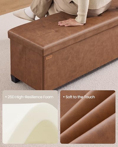 SONGMICS Storage Ottoman Bench with Legs, Folding Ottoman Foot Rest with Flipping Lid, Bench with Storage, for Living Room, Bedroom, Entryway, Synthetic Leather, 43.3 Inches, Coffee Brown ULSF085KQ01 - color: Coffee Brown, style: with Flipping Lid