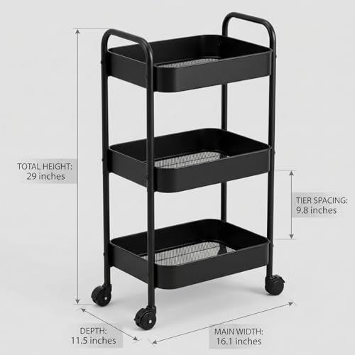 3-Tier Metal Rolling Cart with Smooth Casters, Lightweight Storage Utility Cart Mobile Organizer Rack, Multi-Purpose Basket Shelf for Kitchen, Bathroom, Closet, Pantry-Black - color: Black