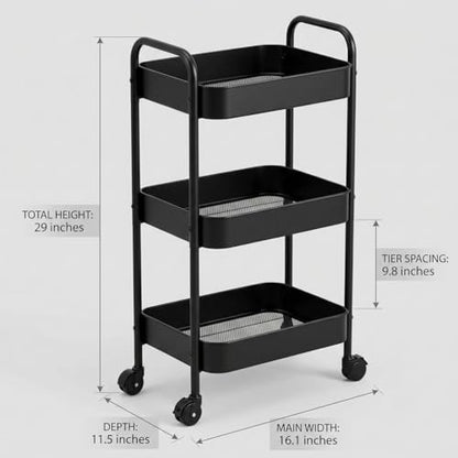 3-Tier Metal Rolling Cart with Smooth Casters, Lightweight Storage Utility Cart Mobile Organizer Rack, Multi-Purpose Basket Shelf for Kitchen, Bathroom, Closet, Pantry-Black - color: Black
