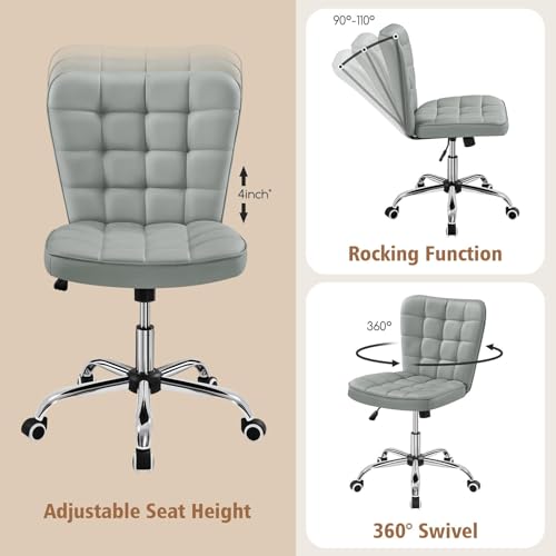 Yaheetech Light Gray Tufted Armless Desk Chair with Wheels, Faux Leather | Thick foam cushioned seat tilts back to relax, lifts 18-22 in, spins 360 degrees, holds 300 lb, and assembles with ease. - color: Light Gray