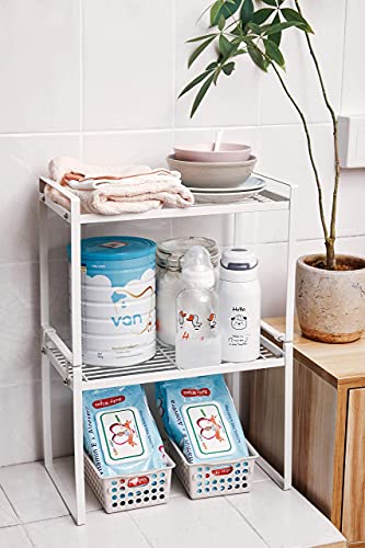 Shantton 2pk Kitchen Cabinet Shelf Counter Organizer Rack Pantry Storage Bathroom Bedroom Office Table Desk Space Saving Steel Frame Stackable Rust Resistant Non Slip White-Tall- L13in W8.3in H9.5in | 2-Pack Stackable Metal Riser Holds 40LBS with Non-Slip