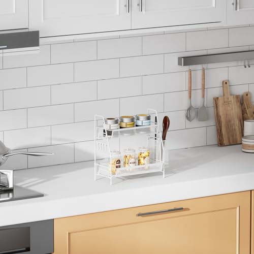 2 Tier Bathroom Countertop Organizer, Vanity Storage Shelf, Small, White | Bathroom Counter Organizer, Vanity Makeup Tray Shelf, Kitchen Spice Rack, Metal Wire Mesh, with Basket Hooks - color: Small White Wire Mesh