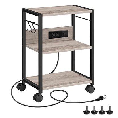 MAHANCRIS Industrial Printer Cart, 3-Tier Mobile Printer Stand, Rolling Cart with Power Outlets and USB Ports, Home Printer Stand with 2 Hooks, for Office, Living Room, Greige PTHG40E01 - color: Greige