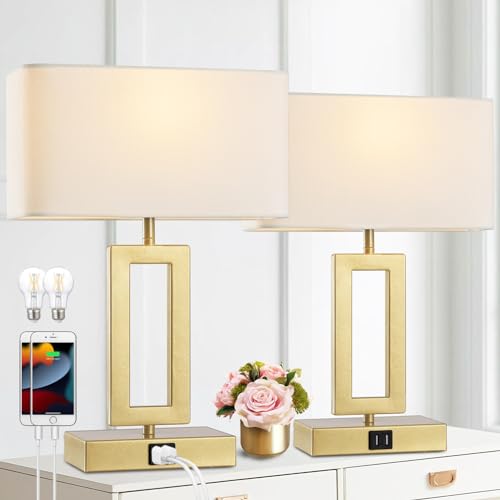 gernehop Gold Table Lamps Set of 2 with Dual USB Ports,3-Way Dimmable Touch Control Bedside Lamps,Modern Bedroom Table Lamp for Living Room,Nightstand LED Bulbs Included - color: 16Inch Whie&Gold