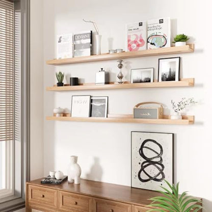 AZSKY 36 Inch Picture Ledge Shelf Solid Wood Large Floating Shelves Wall Mounted Rustic Natural Shelves for Home, Living Room, Bedroom, Bathroom, Office 3 Same Sizes - color: Natural, size: 36in set 3