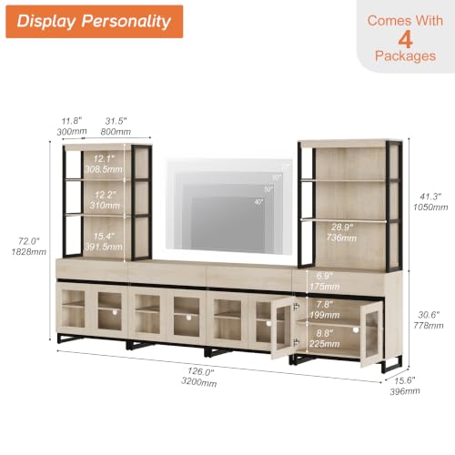 WAMPAT Modern TV Stand with 3 Tiers Bookshelf, Farmhouse Entertainment Center with 4 Drawers and Adjustable Shelf, Wooden Media TV Console with Glass Doors for Living Room, Beige - color: Beige-c