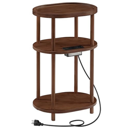 HOOBRO Small Side Table with Charging Station, 3-Tier Oval Bamboo End Table, Accent Table, Compact Sofa Bedside Table for Small Space, for Living Room, Bedroom, Apartment, Mocha MA177UBZ01 - color: Mocha