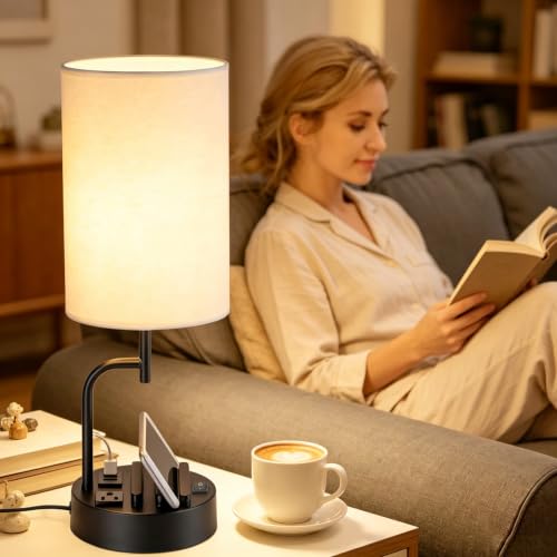 Dreamholder 2 Pack Table Lamp, Bedside Lamp with 3 USB Charging Ports & AC Outlet, USB Desk Lamp with 2 Phone Holders, Linen Fabric Shade Nightstand Lamps for Bedroom Living Room Office, Black - color: Black