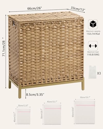 SETVSON Laundry Hamper with Lid, 35 Gal 3-Bag Clothes Sorter, Natural | Large Family Laundry Trunk with Lid, 3 Compartment Sorting Liner, 6 Wash Bags, Elevated PE Rattan Bin with Handles - color: Natural, size: 132 L - 35 gal