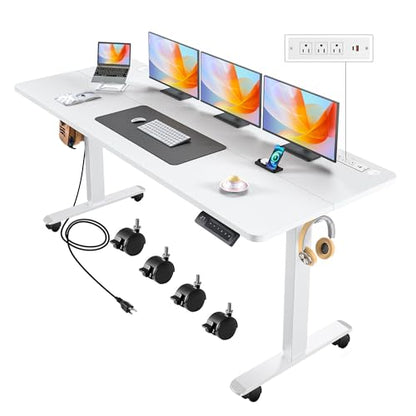 Electric Standing Desk with Wheels, 63'' x 24'' Standing Desk Adjustable Height with Charging Station, 2 USB Ports, 3 Power Outlets, 4 Caster, 27''-46'' Lifting Range Stand up Desk(White) - color: White, size: 63 x 24''
