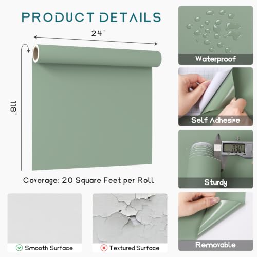 VEELIKE Wide Sage Green Peel and Stick Wallpaper Green Wallpaper 24"x118" - color: Sage Green, size: 24" x 118"