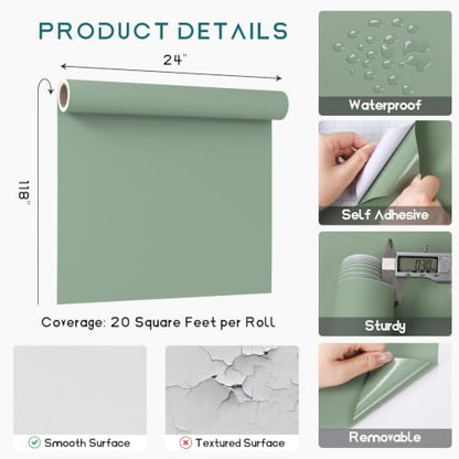 VEELIKE Wide Sage Green Peel and Stick Wallpaper Green Wallpaper 24"x118" - color: Sage Green, size: 24" x 118"