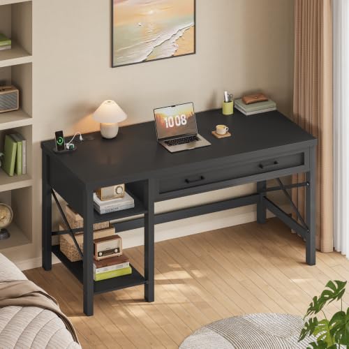SEDETA 40" Small Computer Desk, Farmhouse Small Desk with Drawer & Storage Shelves, Writing Desk with Power Outlet, Study Table for Small Space, Desk for Bedroom, Home Office, Black - color: Black