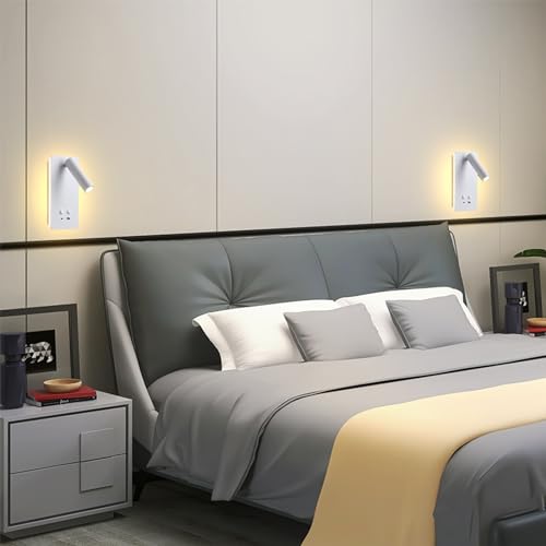 MOLUOLA LED Wall Lamp Wall Mounted Reading Lights, Adjustable Headboard Plug in Wall Sconce with USB C+A Ports, Headboard Bedside Lamp with 9W+3W Night Light 3000K (White) - color: White, size: 1 Pack