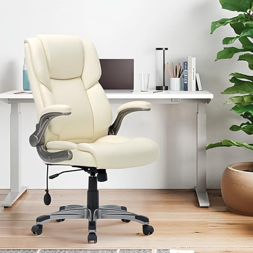 COLAMY Leather Executive Office Chair- High Back Home Computer Desk Chair with Padded Flip-up Arms, Adjustable Tilt Lock, Swivel Rolling Ergonomic Chair for Adult Working Study-Lvory, Set of 2 - color: Ivory, size: Set of 2