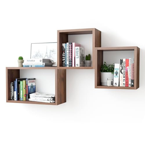 Wall Mount Shelf Set of 3, Floating Cube Shelves for Space Discovery Home and Commercial Use, Large Size Shelves Set, Dark Walnut - color: Dark Walnut, size: Set3
