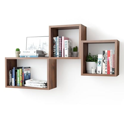 Wall Mount Shelf Set of 3, Floating Cube Shelves for Space Discovery Home and Commercial Use, Large Size Shelves Set, Dark Walnut - color: Dark Walnut, size: Set3