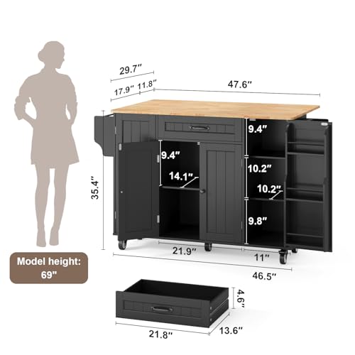 47.6" Kitchen Island with Storage, Drop Leaf, Knife Holder, Black | Island Table for Kitchen with Door Cabinet, Drawer, Spice Rack, Towel Rack, and Knife Holder for Kitchen, and Living Room - size: 47.6 Inch-Black