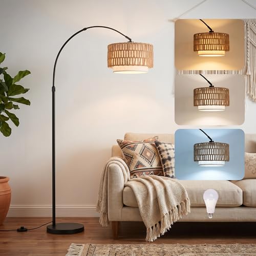 Arc Floor Lamp for Living Room with 12W Bulb,61.5"-72.4" Height Adjustable Rattan Floor Lamps with 3 Color Temps, Farmhouse Arched Standing Lamp,Boho Floor Lamp, Arched Floor Lamps for Bedroom, Office - color: Black