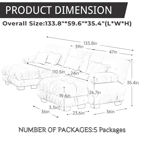 Modular Sectional Sofa for Living Room,134" U-Shaped Comfy Couch with Ottoman, Oversized 3 Seater Beige Sectional Couches with Pillows, Fluffy Couch Set with Deep Seat - color: Chenille Beige, size: 3-Seat & 2-Ottoman
