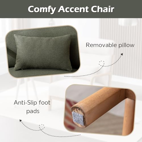 Mid Century Modern Accent Chair with High Back, Upholstered Living Room Chairs with Waist Cushion, Wood Frame Reading Armchair for Bedroom Sunroom, Green - color: Blackish Green