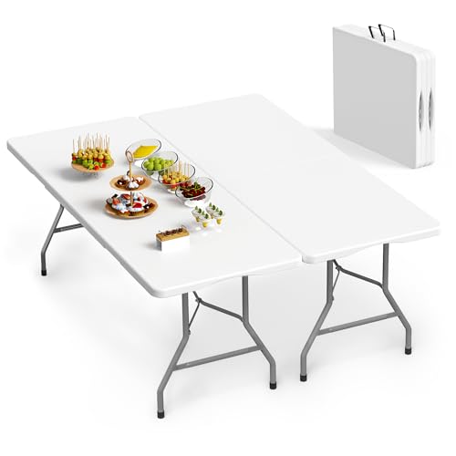 VSOAEIL 6 Foot Folding Table 2 Pack, 6 FT Foldable Plastic Table Heavy Duty | 6 Feet Portable Fold-in-Half Utility Folding Table with Handle for Picnic, Party, Dining, Camping, Indoor & Outdoor, White - color: White, size: 6 FT - 2 PACK