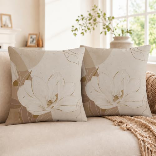 Floral 18x18 Throw Pillow Covers Set of 2, Decorative Vintage Floral Cushion Cases for Couch Sofa Bed, Morandi Peach Orange Nordic Linen Pillowcases Modern Home Decor Magnolia Flower-02 - color: Magnolia Flower-02