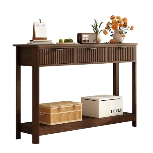 RUSTOWN Fluted Wood Console Table with 3 Drawers, 47.2" Boho Entryway Table | Narrow Behind Couch Sofa Table, Open Storage Shelf, Curved legs, 2 Tier Modern Farmhouse Hallway Table for Living Room, Foyer - color: Dark Walnut