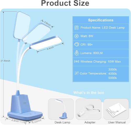 LED Desk Lamp with 10W Wireless Charging & Pen Holder, Blue | CRI 95, 800LM, Stepless Dimming, 3 Modes, 360°Flexible Arm, Touch, Study Table Lamp for Home Office, Dorm Room, with Adapter - color: Blue