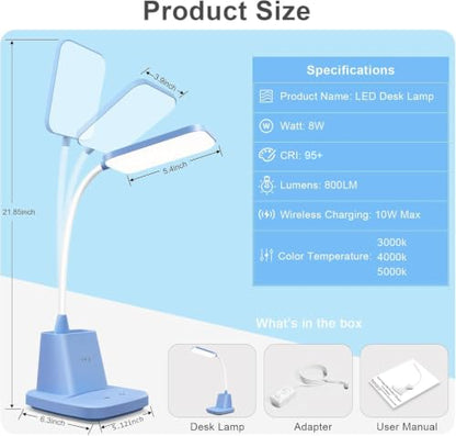 LED Desk Lamp with 10W Wireless Charging & Pen Holder, Blue | CRI 95, 800LM, Stepless Dimming, 3 Modes, 360°Flexible Arm, Touch, Study Table Lamp for Home Office, Dorm Room, with Adapter - color: Blue