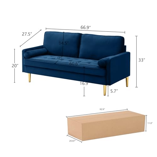 65" Love Seat Sofa, Velvet Small Sofa Small Couch for Bedroom Living Room, Bedroom, Loveseat with 2 Pillows, Gold Legs, Modern Tufted Seat Upholstered Seating for Office, Apartment (Blue) - color: Blue