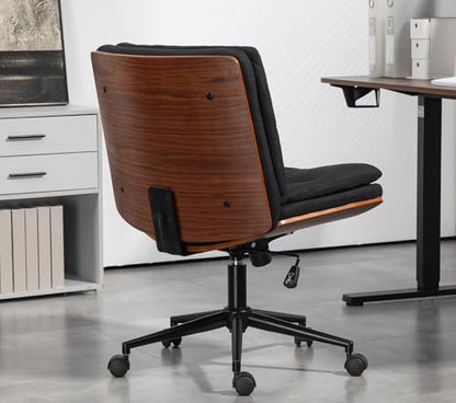 Armless Modern Walnut Office Desk Chair with Wheels, Adjustable Wide Swivel Task Chair, Ergonomic Cross Legged Fabric Chair for Conference Room, Home Office (Black) - color: Black (Linen)