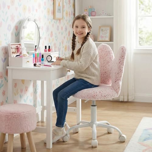 chairus Kids Desk Chair Butterfly Faux Fur Study Chair for Teenage Girls Adjustable Kids Vanity Chair for Bedroom Reading Living Room, Small Cute Student Task Chair with White Foot, Baby Pink - color: Butterfly, Pink