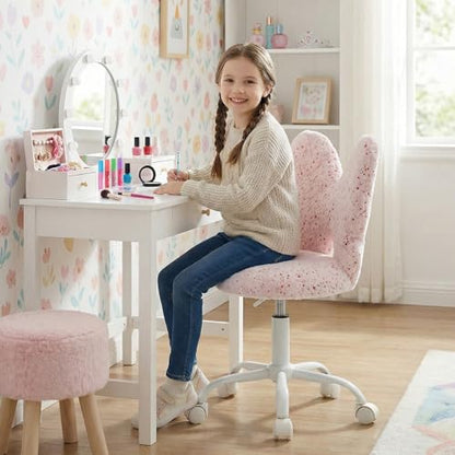 chairus Kids Desk Chair Butterfly Faux Fur Study Chair for Teenage Girls Adjustable Kids Vanity Chair for Bedroom Reading Living Room, Small Cute Student Task Chair with White Foot, Baby Pink - color: Butterfly, Pink