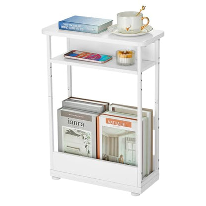Narrow Side Table,3-Tier Slim End Table with Storage Shelf,Modern Sofa Table Thin Side Table for Narrow and Small Spaces, Skinny Bedside Table Small Nightstand with Magazine Rack Space Saving/White - color: White