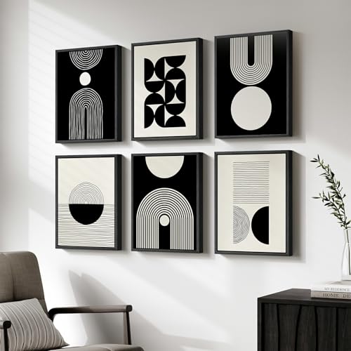 Wood Framed Modern Abstract Canvas Wall Art Sets of 6, Black and White Minimalist Prints, Bohemian Geometric Decor Painting for Living Room, Bedroom, Hallway and Office 11x14 Inch - color: Black and White