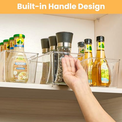 YIHONG 4 Pack Clear Storage Bins, Pantry Organizer Bins with Handle, Small | Plastic Bins, Pantry Storage Containers for Kitchen, Freezer, Cabinet, Closet, Bathroom, Under Sink Organizers and Storage - size: S(9.3"L x 5.2"W x 4.3"H)