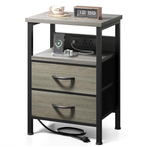 Lazzanto Night Stand with Charger Station, 2 Fabric Drawers, Grey | Nightstand, Bedside Table, Open Shelf, Built in USB-A, USB-C Port & AC Outlets, For Bedroom, Dorm, Living Room - color: Grey, size: 2 Drawers