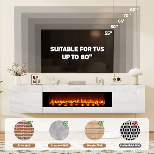 70" Wall Mounted Floating TV Stand with 36" Electric Fireplace, High Gloss Floating Entertainment Center TV Shelf for TVs Up to 80", White Fireplace Media Console Table Floating TV Cabinet Living Room - color: White, size: 70"-with fireplace