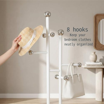 Bedroom Coat Rack Freestanding, Heavy White Marble Base | 1.0mm thickened white metal tree with 8 stainless steel hooks. Anti-toppling organizer for modern bedroom & living room. - color: all white