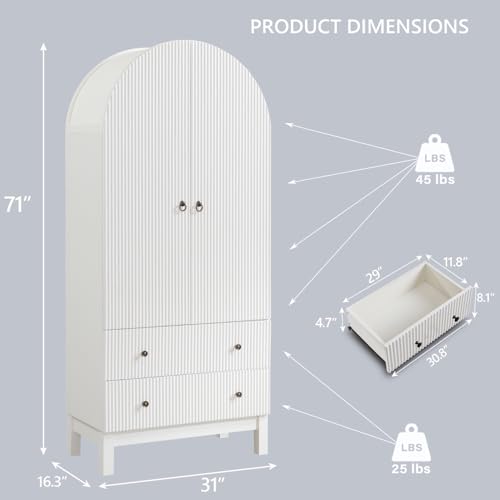 IFGET 71" Tall Arched Pantry Cabinet, Fluted Kitchen Storage Cabinet with Adjustable Shelves and 2 Large Drawers, Freestanding Morden Versatile Cupboard for Living Room, Bathroom, White - color: White