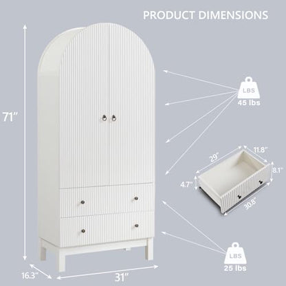 IFGET 71" Tall Arched Pantry Cabinet, Fluted Kitchen Storage Cabinet with Adjustable Shelves and 2 Large Drawers, Freestanding Morden Versatile Cupboard for Living Room, Bathroom, White - color: White