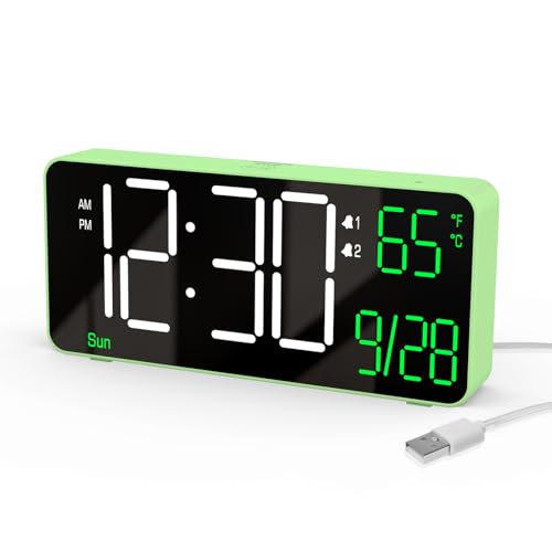 Digital Clock for Bedroom, 6.7in Desk Clock, Auto Dimming, Room Temperature, Day of The Week, Date, Seconds, Clocks for Living Room, Alarm Clocks for Bedrooms - color: Green (White + Green Digits)